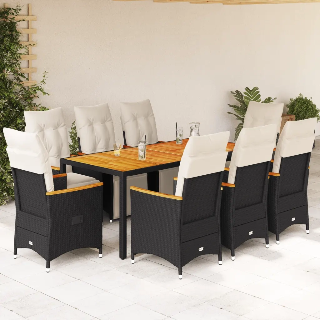vidaXL Set Bistrò da Giardino 9 pz con Cuscini in Polyrattan Nero
