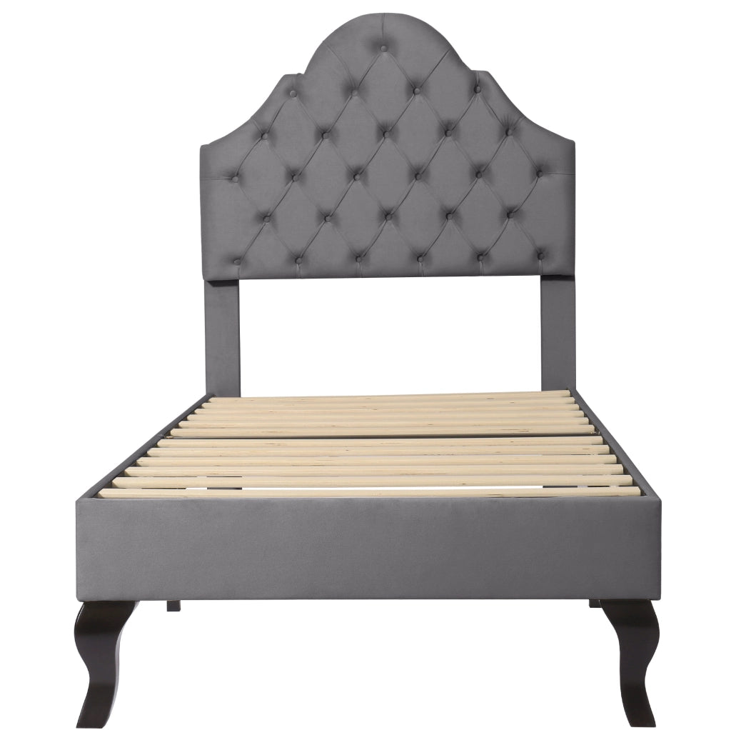 Letto imbottito 90x200 cm; testiera imbottita e struttura stabile; velluto grigio