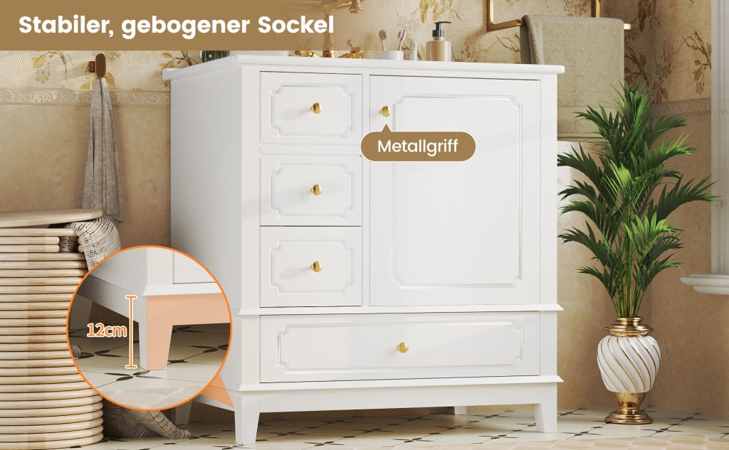 Mobile sottolavabo con lavabo in ceramica, 3 cassetti, vano con ripiano e maniglie oro, per bagno, 76,5 × 47 × 87,5 cm