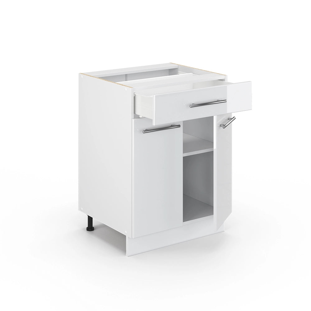 Mobiletto base per cucina Fame-Line Bianco lucido/Bianco 60 cm con cassetto, PL Marmo Vicco