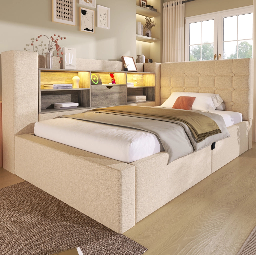Letto imbottito ULEVR 90x200 cm con contenitore idraulico, LED e ricarica USB/USB-C, beige