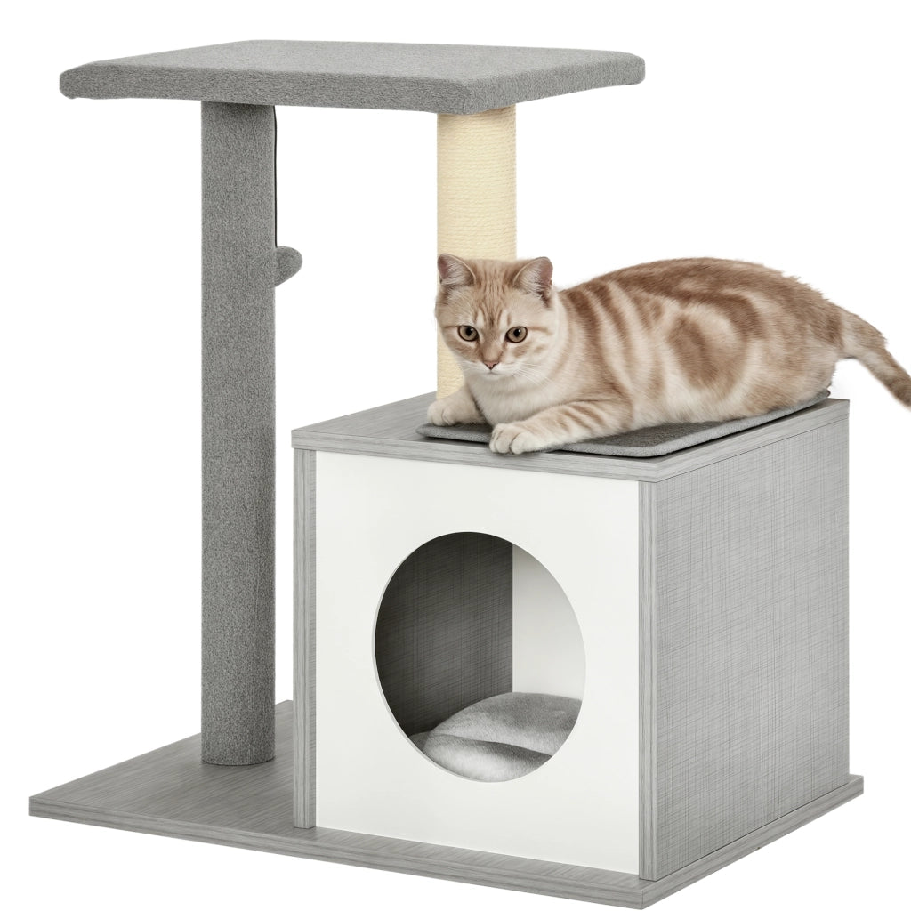 Tiragraffi Multilivello per Gatti ¨C Xylo ¨C con Cuccia e Colonna Sisal, Grigio, 59x39x62cm