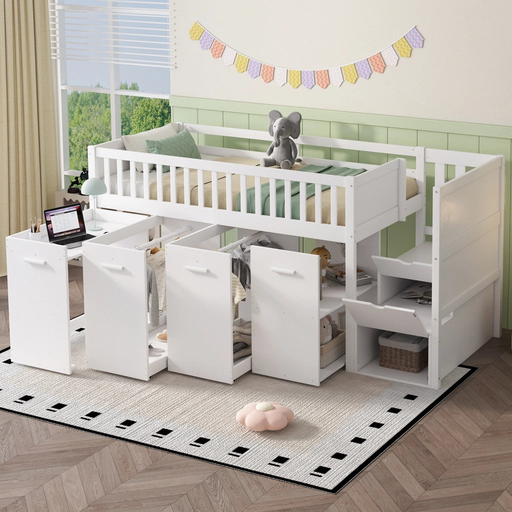 DESMIU Letto a castello 90 × 200 cm 2 posti con scrivania, armadio e vani, senza materasso, bianco