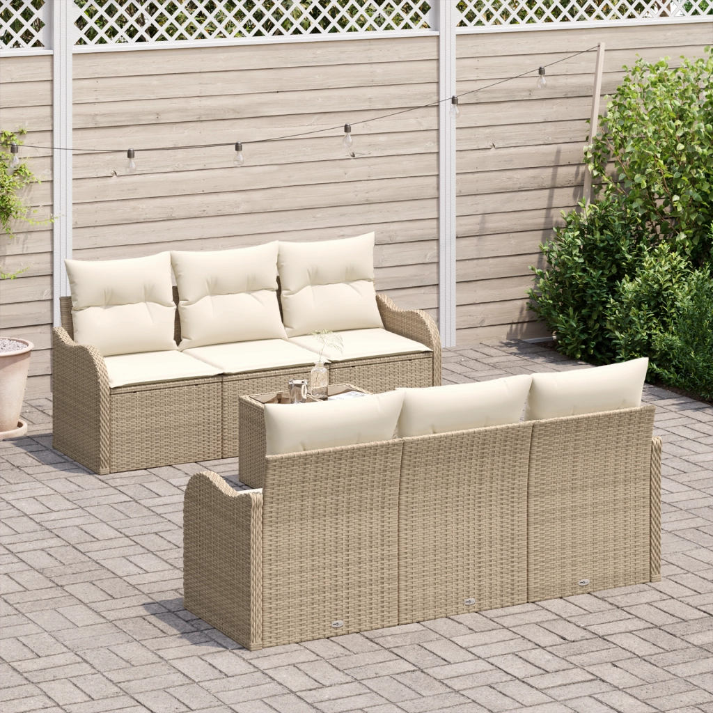 Set Divano da Giardino di 7 Pezzi con Cuscini Beige in Rattan Poly