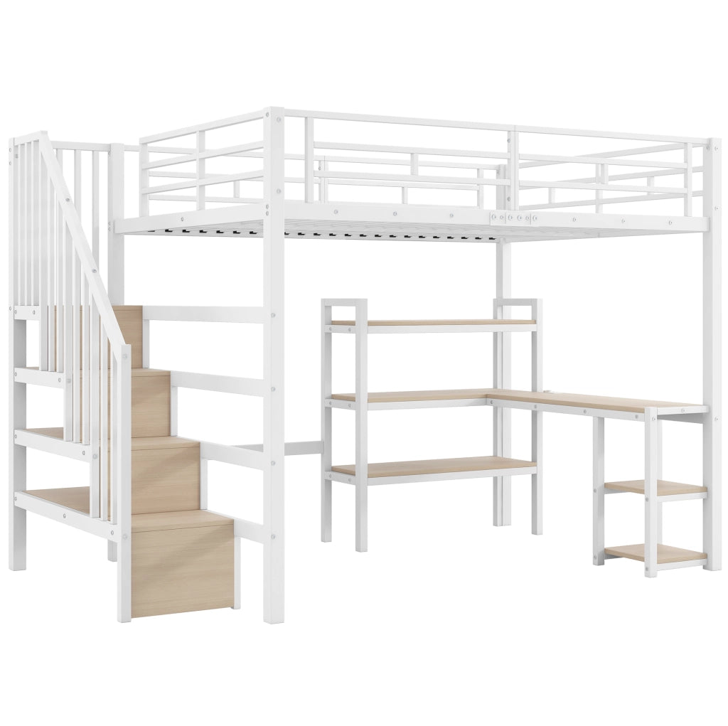 Letto a soppalco 140x200 cm con scrivania, scala contenitore e LED in metallo e MDF bianco