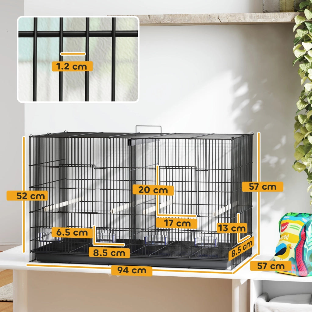 Gabbia per Uccelli 94x57x57 cm con Divisorio in Acciaio e PP Nero