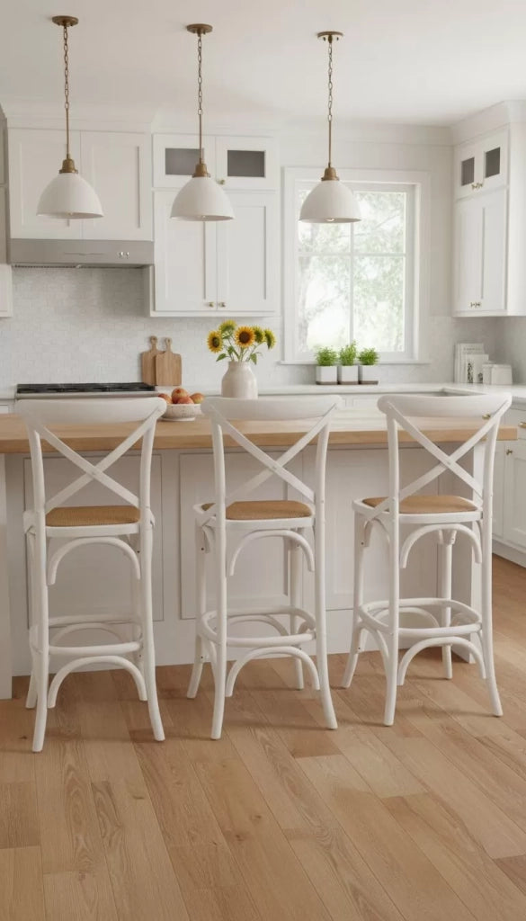 Sgabello cross bistrot shabby bianco legno olmo seduta rivestita rattan naturale 50x55x116 - Mobili 2G