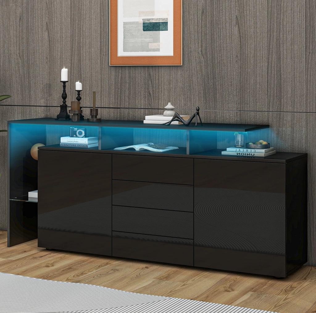 Sideboard 160x35x70 cm con LED e USB; 2 porte; 4 cassetti; nero