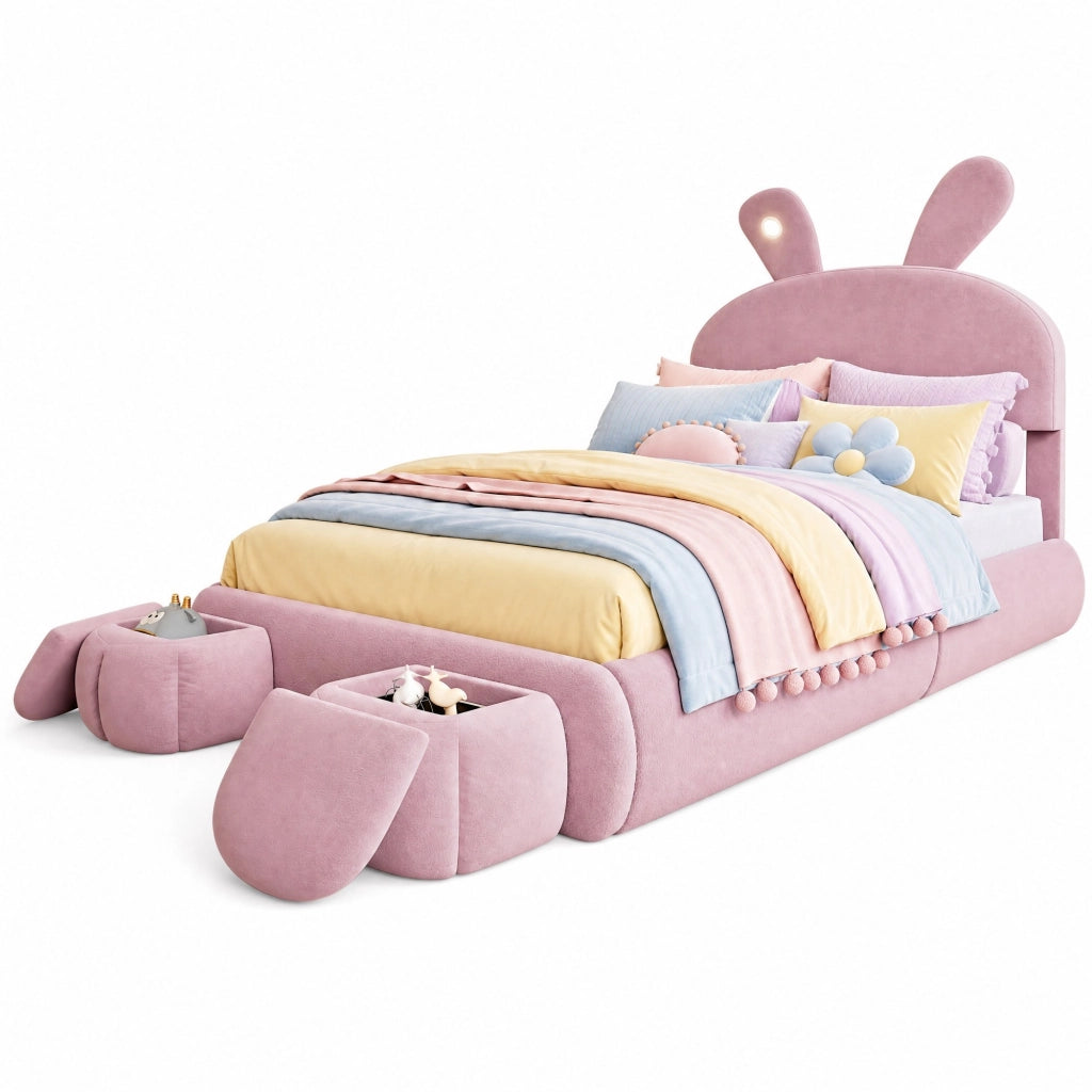 Letto imbottito rosa 140x200 cm con LED e contenitore