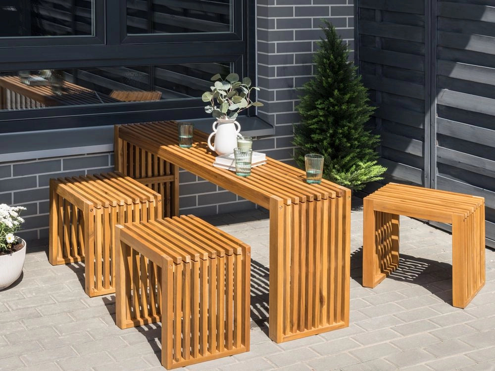Set da pranzo da giardino 4 pezzi Tavolo rettangolare in legno massiccio di acacia chiaro 3 sgabelli Stile rustico moderno per interni esterni