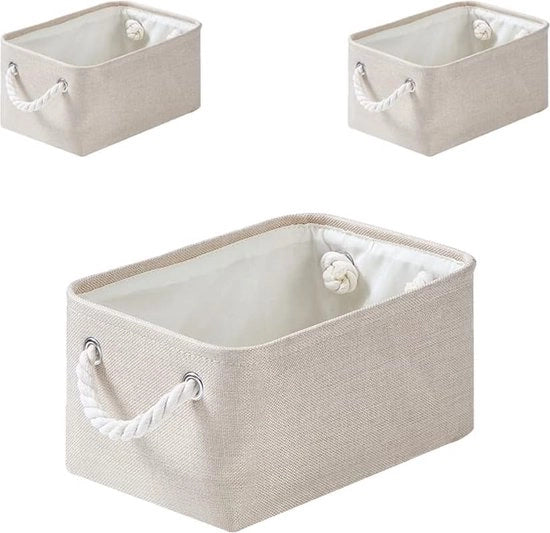 Scatole di stoccaggio per tessuti, scatola di stoccaggio pieghevole con maniglie di corda per pannelli, armadio, armadio per abiti, 3 pezzi (bianco crema, S)