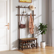 Appendiabiti in bambù 3 in 1 con panchina, scarpiera e ganci, struttura robusta, finitura in rattan PE, mobile d'ingresso elegante ideale per soggiorno, camera da letto (marrone)