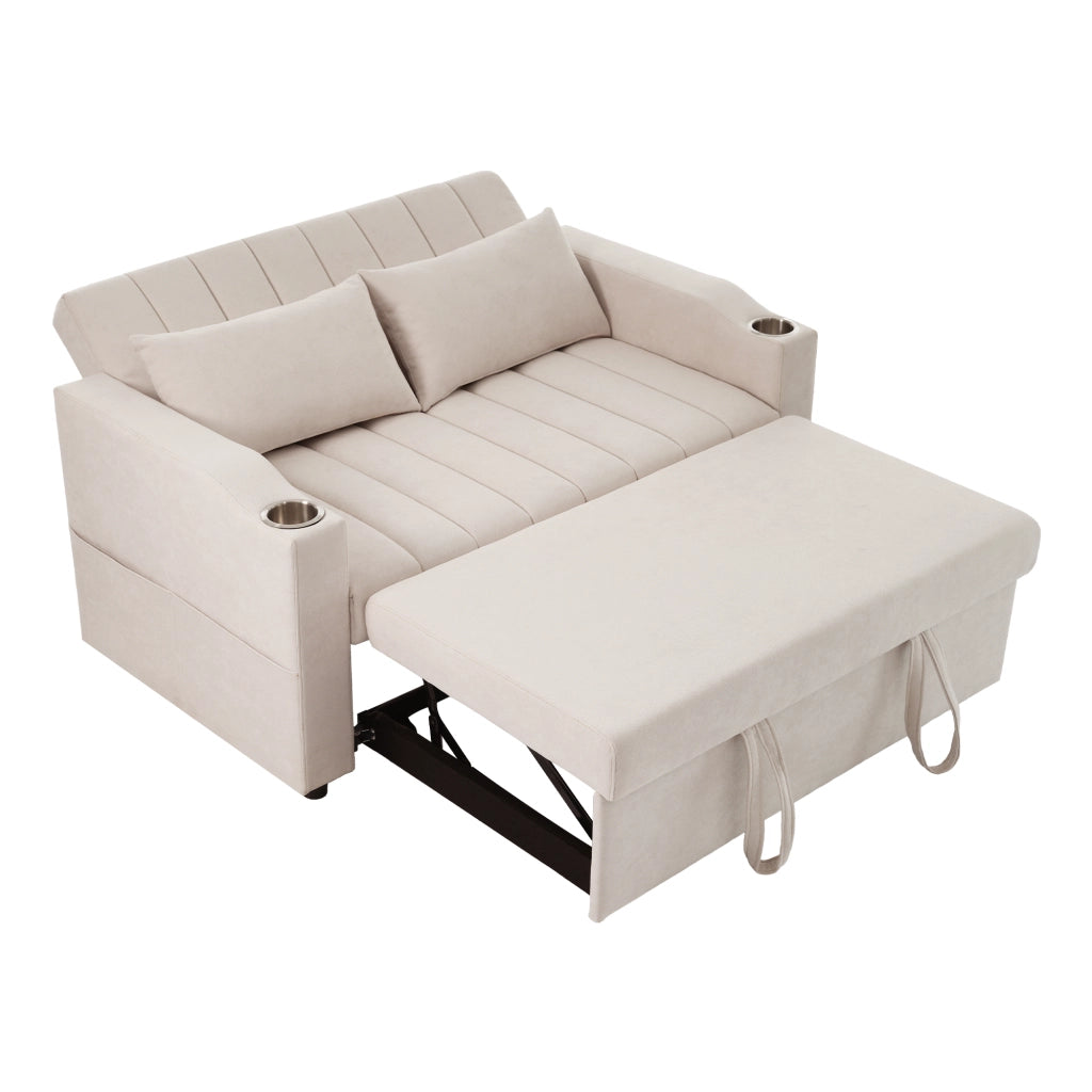 Divano Letto 2 Posti con Schienale Regolabile; Portabicchieri e Tasche Laterali; in Lino di Cotone Beige