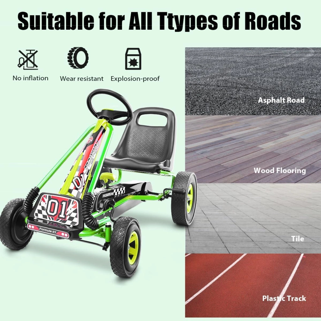 Go Kart a Pedali per Bambini, Macchina per Bambini con Sedili Regolabili in 2 Posizioni e 4 Ruote Antisdrucciolo, Carico 30 kg, per 3 Anni + (Verde, 101 X 61 X 62 CM)