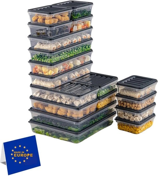Contenitori alimentari sovrapposti, set di contenitori di archiviazione, organizzatore del congelatore e del frigorifero con coperchio, resistente al gelo fino a -25 °C, scatole riciclabili per carni (18 pezzi)