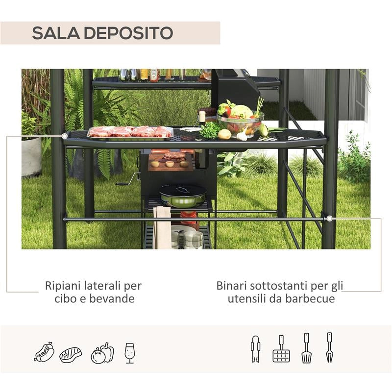 GAZEBO PER BARBECUE CON TETTO E 2 RIPIANI PORTAOGGETTI, IN METALLO E PC, 240X150X230CM, GRIGIO SCURO