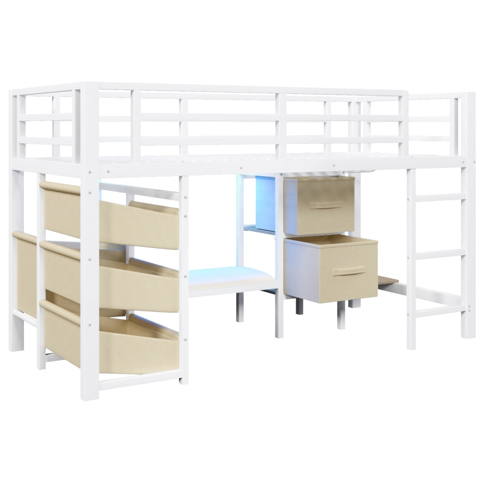 LETTO Semialto 90x200 cm Metallo Bianco con cuscino e contenitori in tessuto