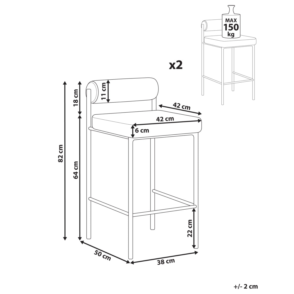 Set di 2 sgabelli da bar moderni con rivestimento in poliestere taupe gambe in metallo nero senza braccioli e schienale avvolgente