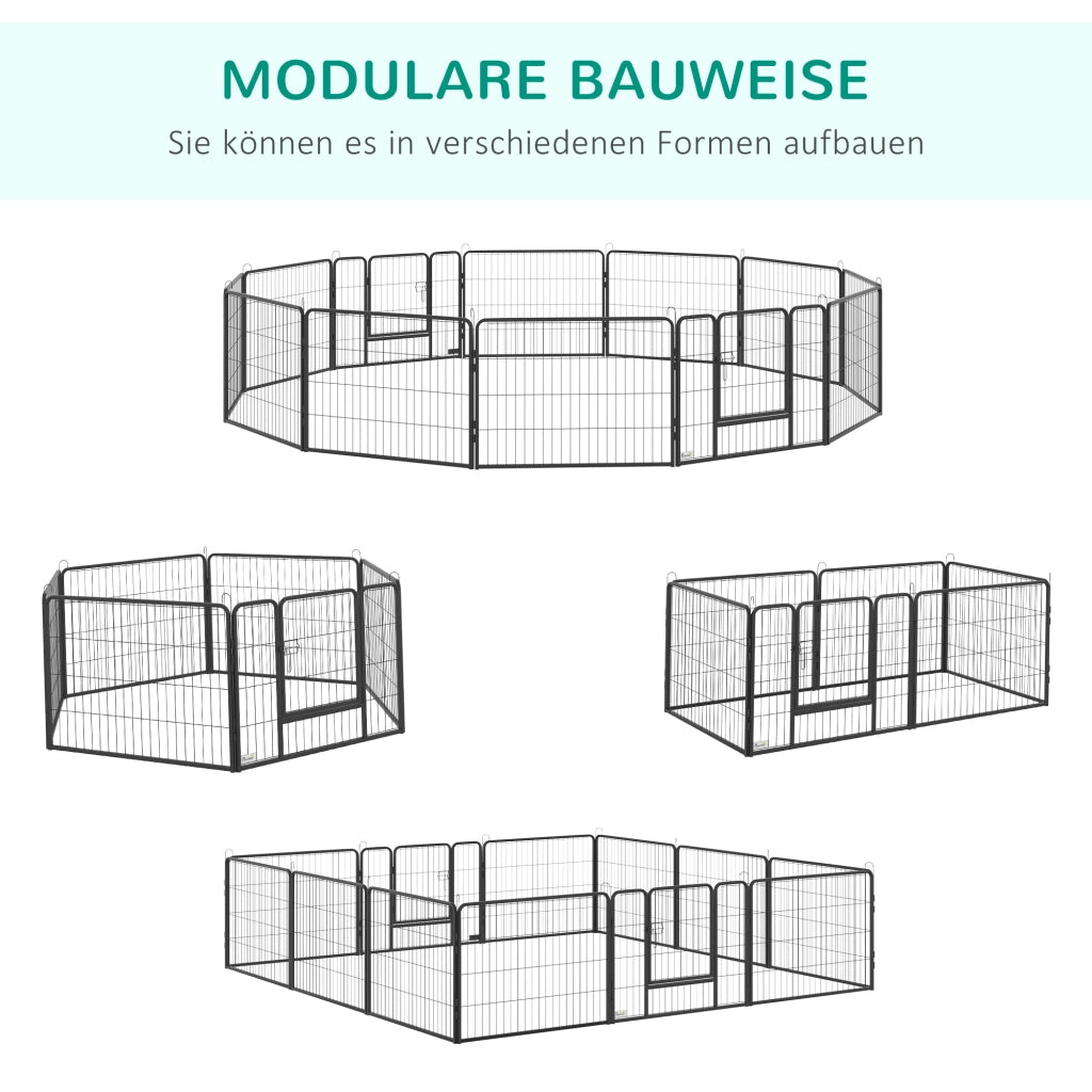 Area giochi modulare con 12 pannelli e porta pieghevole per cani in acciaio nero per interni ed esterni 80 × 60 cm