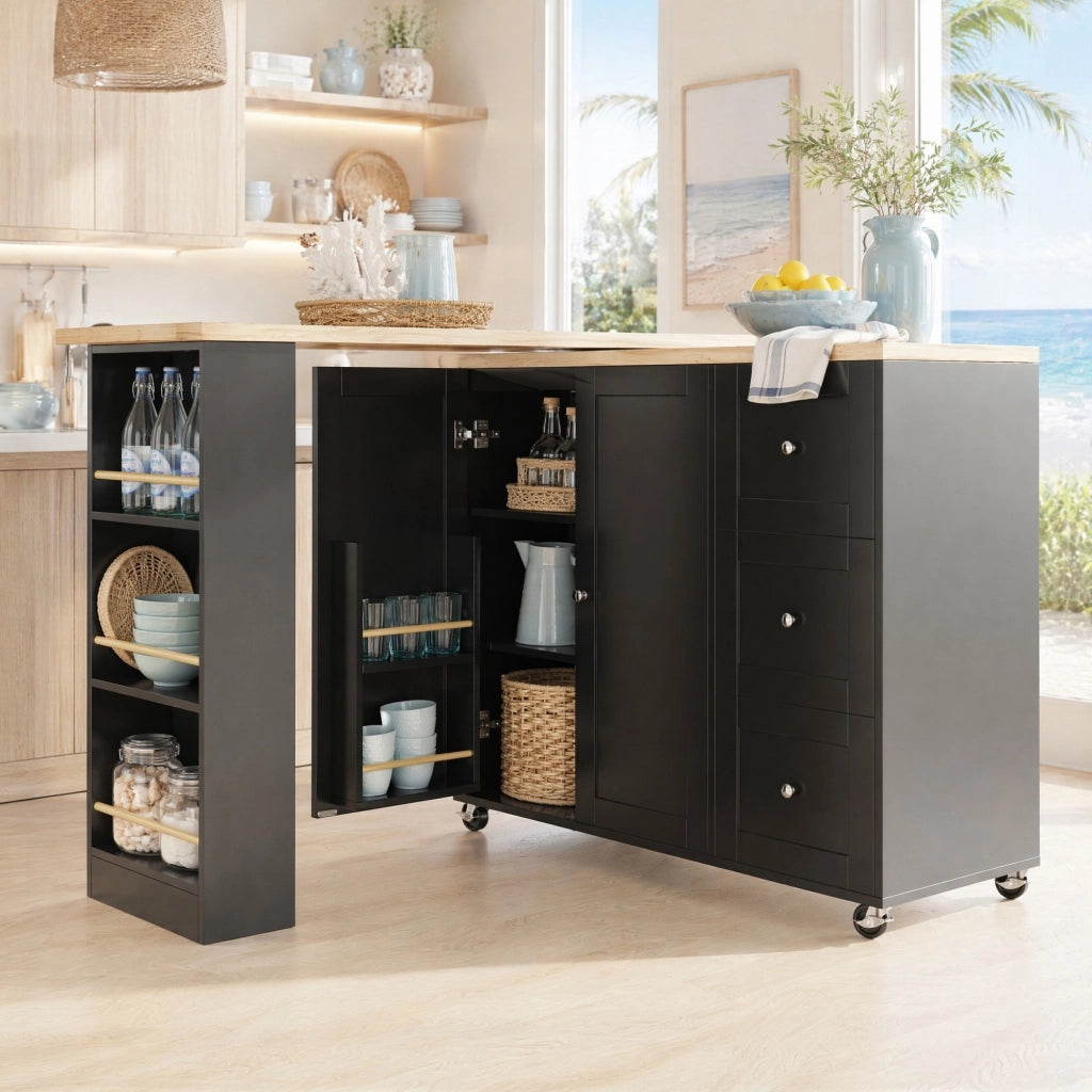 TAVOLO BAR 360° girevole 203x39x106 cm MDF nero con 3 cassetti