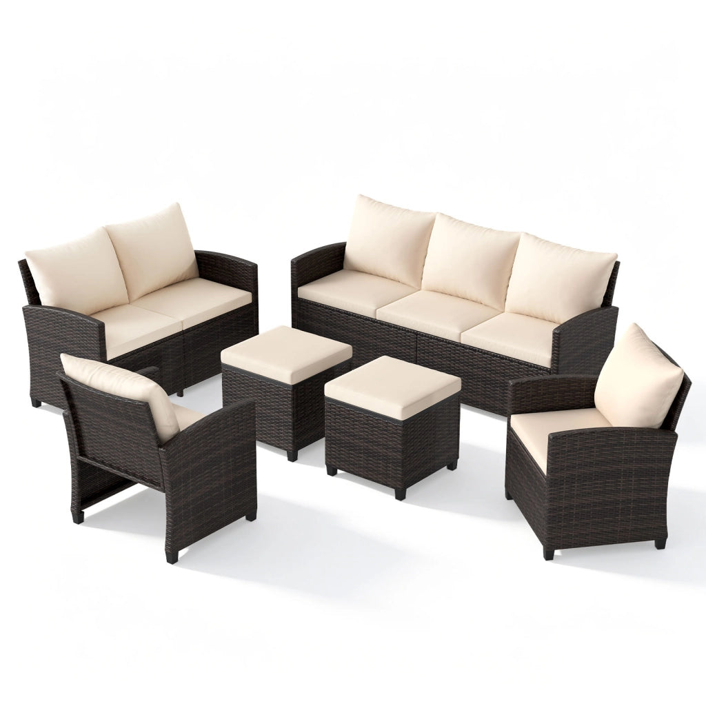Set salotto da esterno in rattan PE con divano a 3 posti divano a 2 posti, Set da giardino con 2 poltrone e 2 poggiapiedi Beige