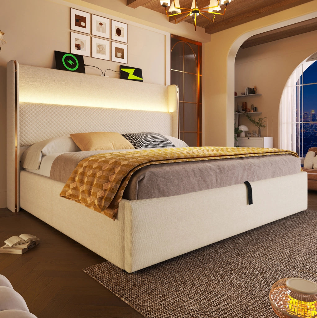 Letto matrimoniale con contenitore 180x200 cm in lino beige; testiera alta; LED e USB/Type-C