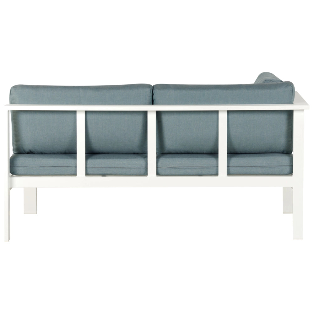Set divano ad angolo da giardino bianco con cuscini verdi Tavolo a doghe a 5 posti Set moderno scandinavo per conversazioni all'aperto