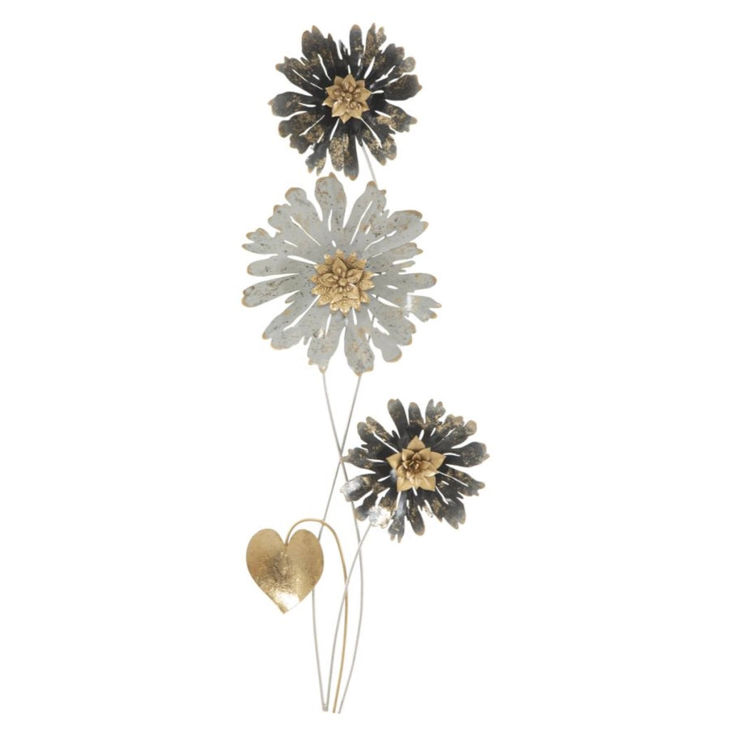 Pannello decorativo da parete Simply con tre fiori in ferro nero, argento e oro 35x88 cm