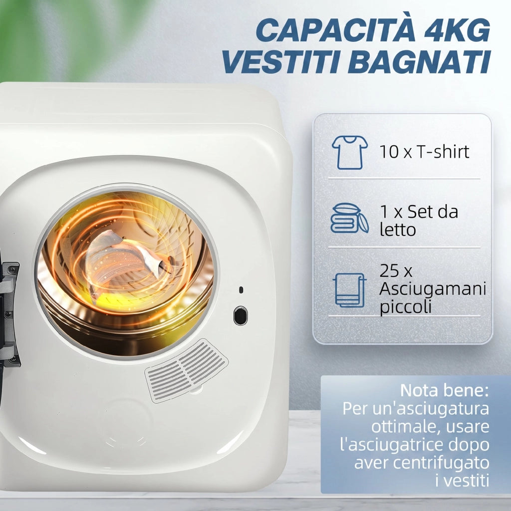 Mini Asciugatrice Portatile 48x40x56 cm Capienza 4 kg 5 Programmi 800W Carica Frontale Tamburo in Acciaio Inox Bianco