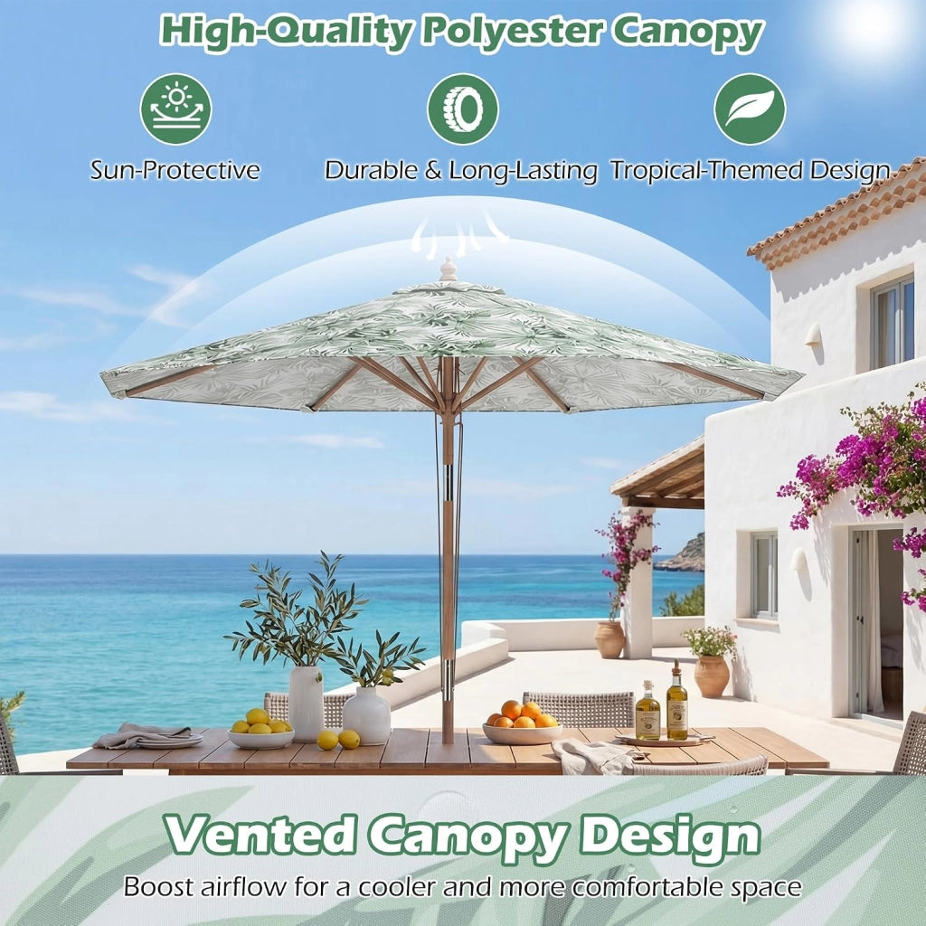 270 cm Ombrellone Terrazza Esterna Ombrellone Rotondo con Bastone in Legno Massello, Ombrellone da Giardino Inclinabile a 30° con 8 Aste, Parte Superiore Ventilata, per Balcone, Spiaggia