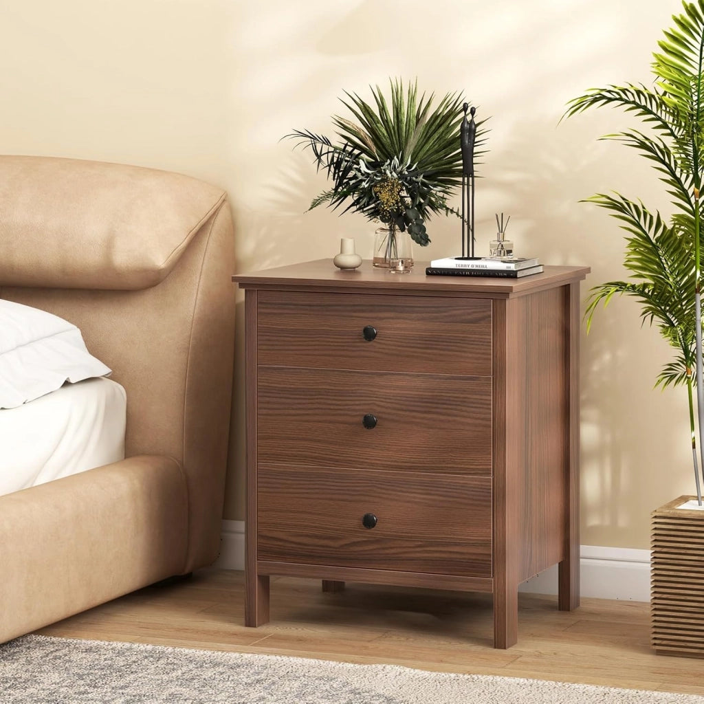Comodino in legno rosso-marrone, credenza piccola con 3 cassetti, cassettiera autoportante, cassettiera moderna in legno, 56 x 45 x 66 cm