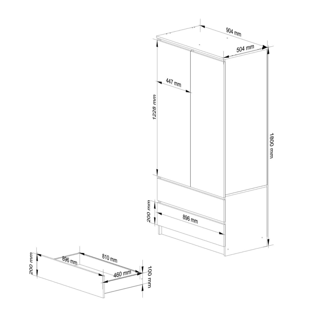 Armadio S90 con specchio integrato Cashmere 90 cm 2 ante 2 cassetti 4 ripiani 90x51x180 cm