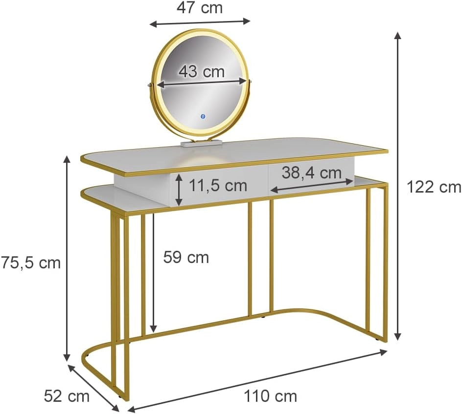 Tavolo da toilette Tiara, Bianco/Oro, 110 cm, con illuminazione LED e specchio regolabile in altezza