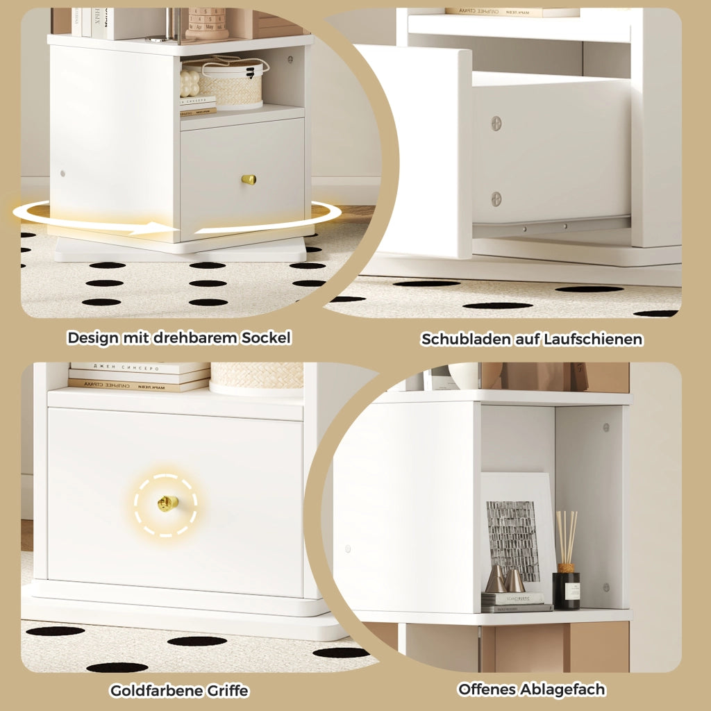 Vetrina girevole con led, 1 cassetto e vani aperti, per soggiorno e studio, in MDF e vetro, bianco e marrone, 50 × 50 × 160 cm