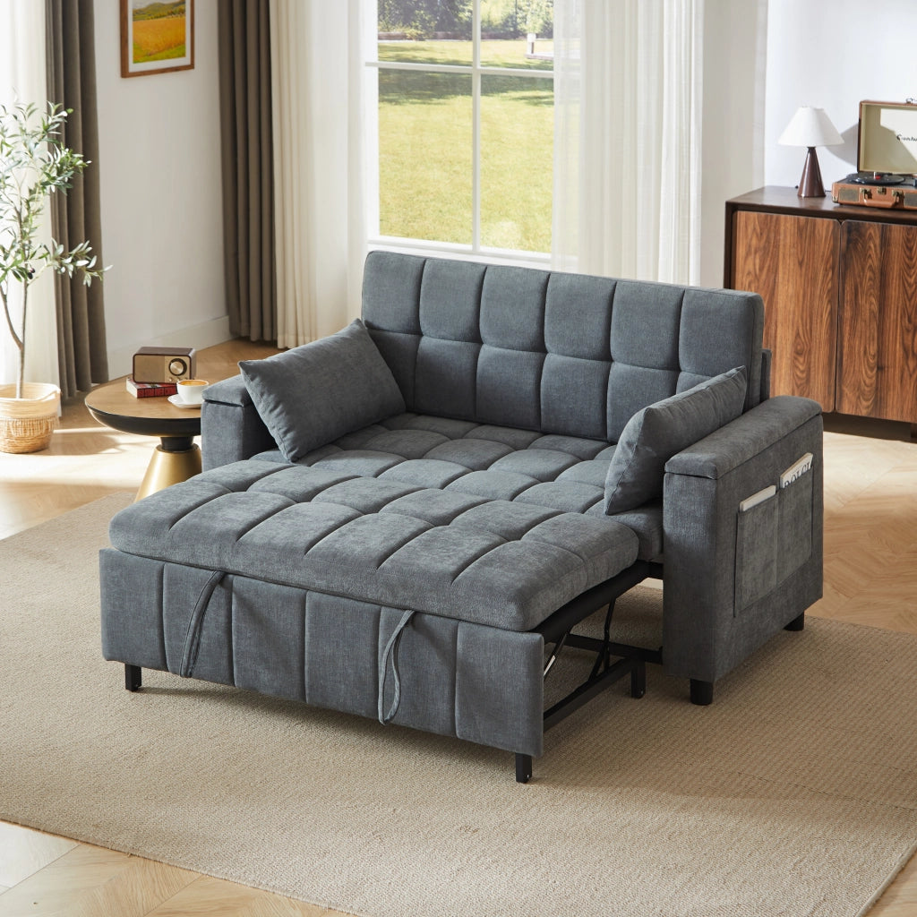 Divano letto 2 posti 3 in 1 con contenitore nei braccioli e tasche laterali, struttura in metallo, in ciniglia grigio
