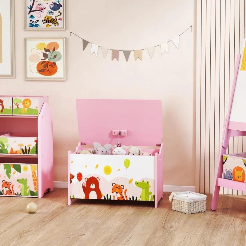 BAULE PORTAGIOCHI PER BAMBINI CON CERNIERE DI SICUREZZA IN LEGNO CON DISEGNI DI ANIMALI, 60X37X39 CM, ROSA