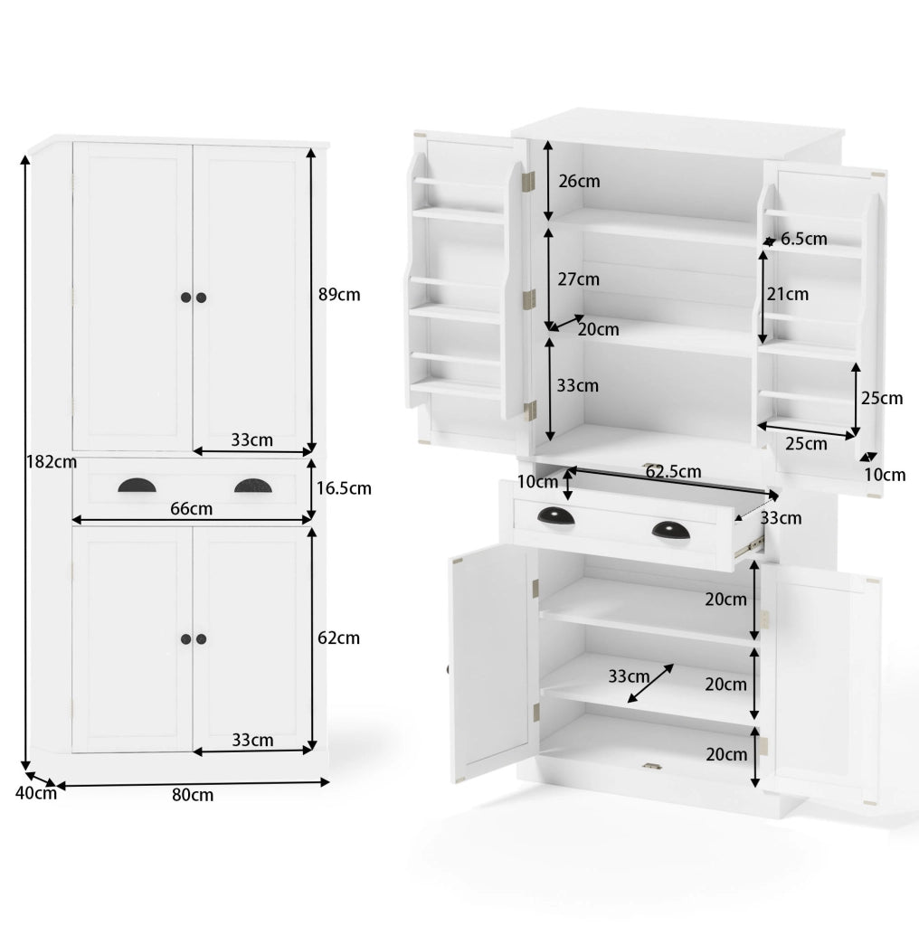 Armadio dispensa alto 182 cm con 4 ante e 1 cassetto; in MDF bianco