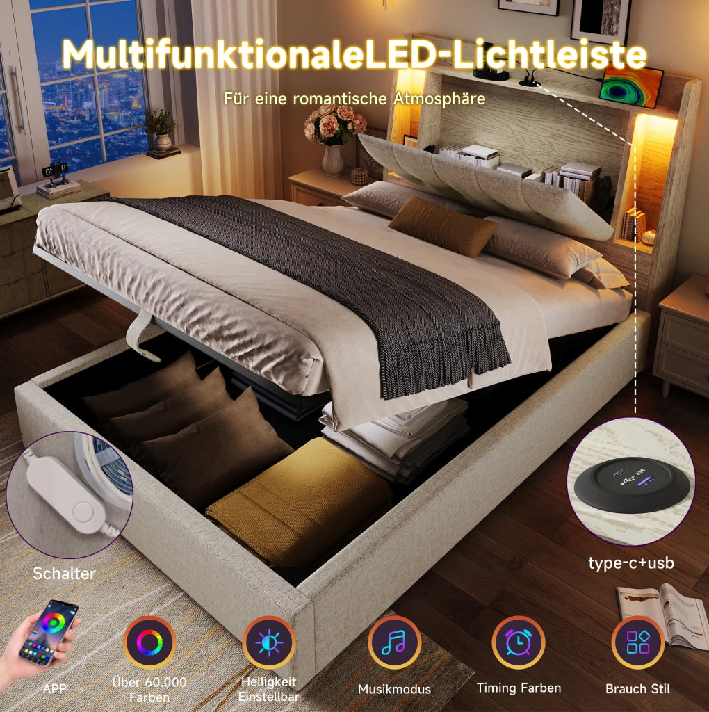Letto imbottito 90x200 cm con LED e porte USB-C, beige