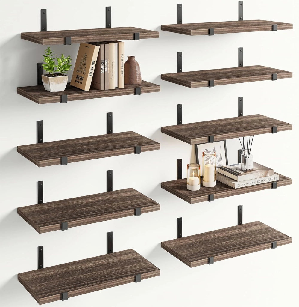 Set 10 Mensole in Legno Rovere da Parete Scaffalatura Muro Salvaspazio 40.5x15cm