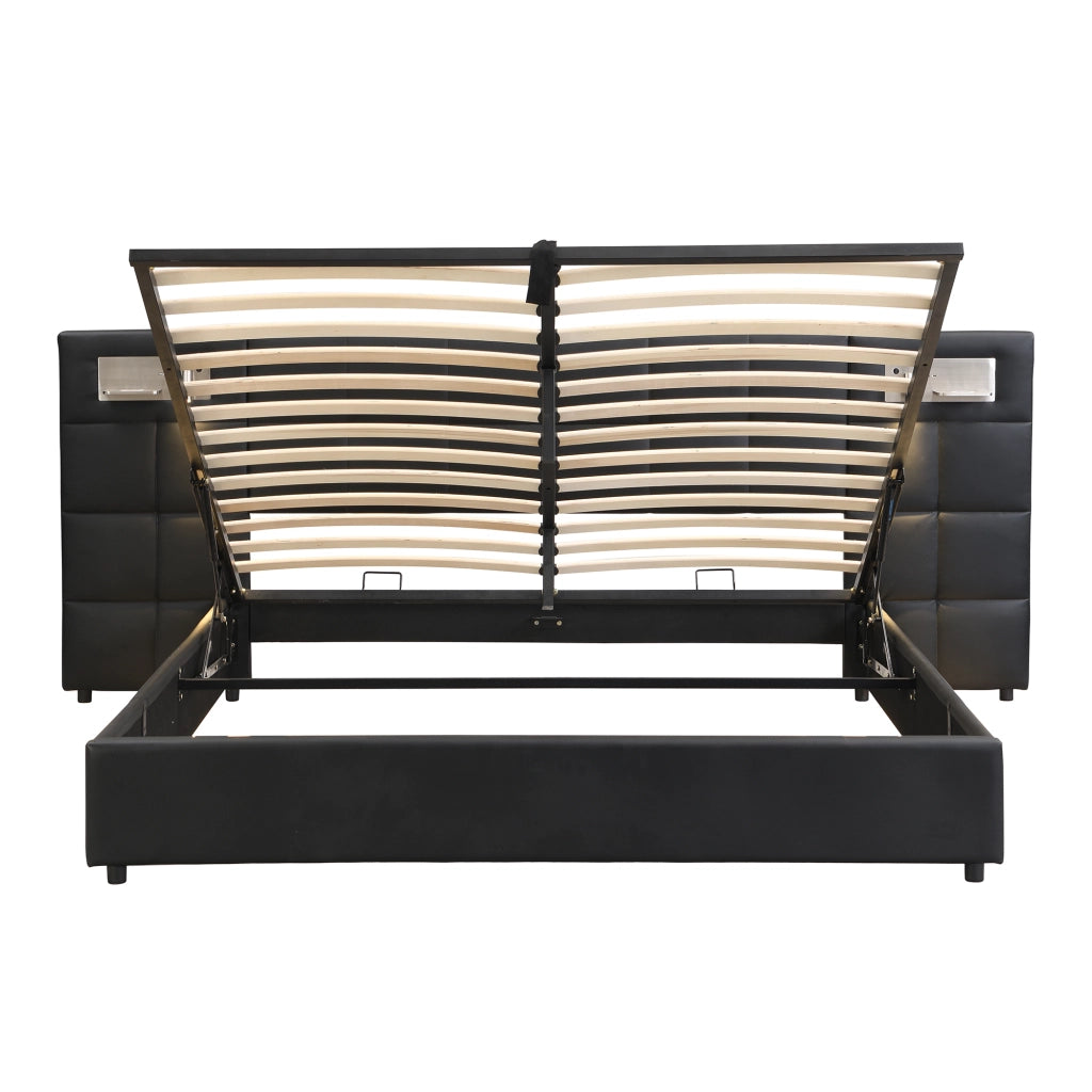 LETTO Imbottito 180 x 200 cm PU Nero con USB, ricarica wireless e luce