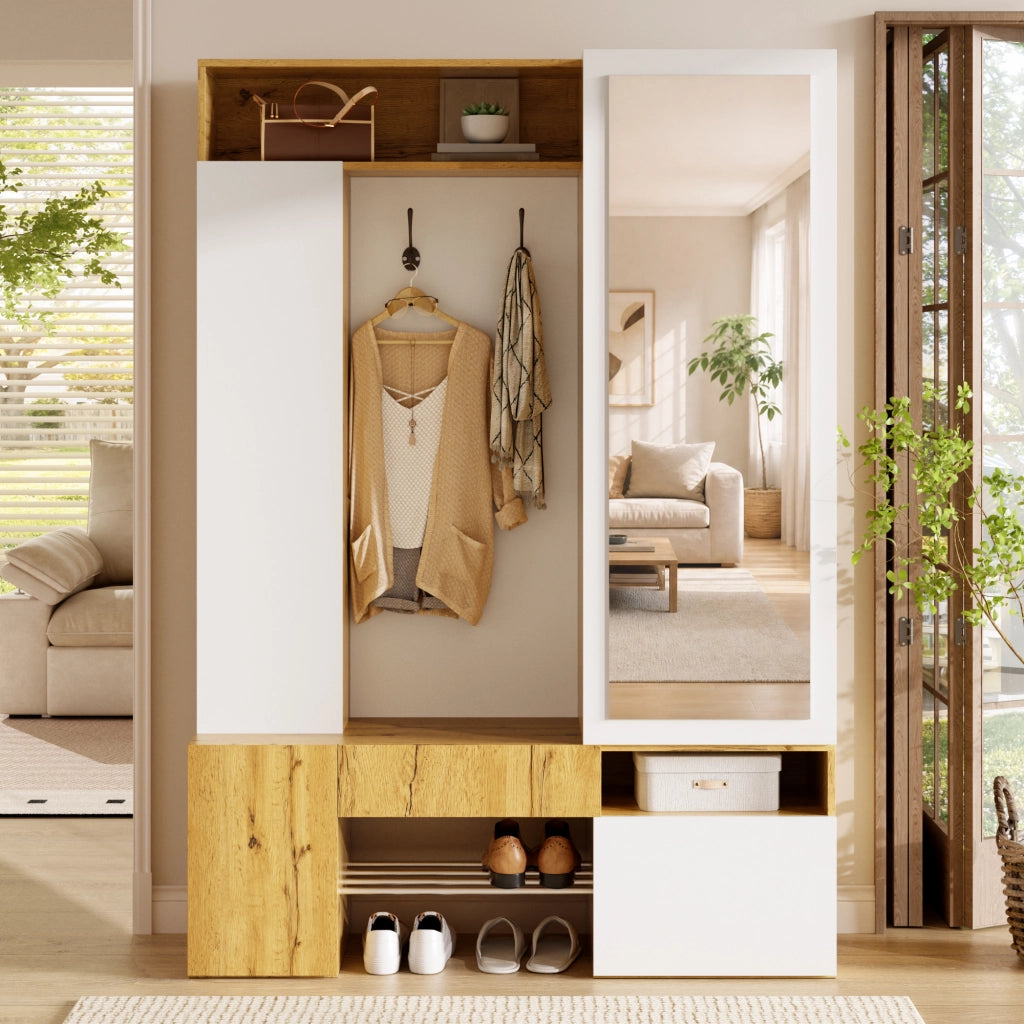 Guardaroba in MDF con specchio, scarpiera, mobile ingresso, appendiabiti con asta e ganci