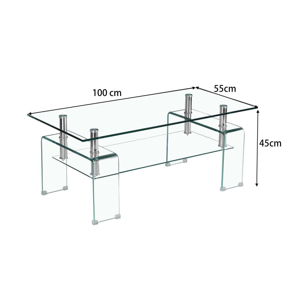 Tavolino basso con piano doppio in vetro temperato, struttura in metallo, per soggiorno, trasparente, 100 × 55 × 45 cm