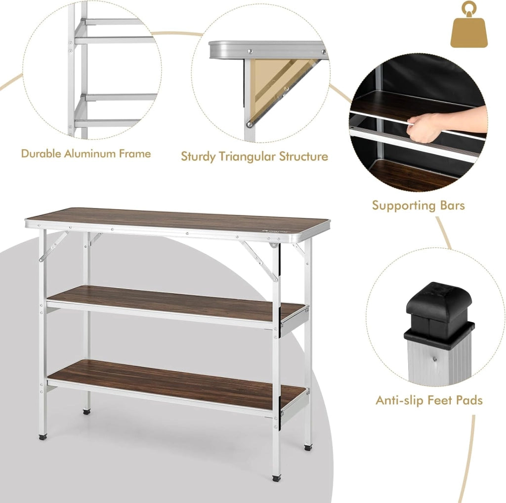 Tavolo Pieghevole con Borsa da Trasporto, Tavolo da Picnic con 3 Livelli di Stoccaggio, Tavolo da Giardino in Alluminio, Tavolino per Picnic, Barbecue, Feste (Venatura del Legno)