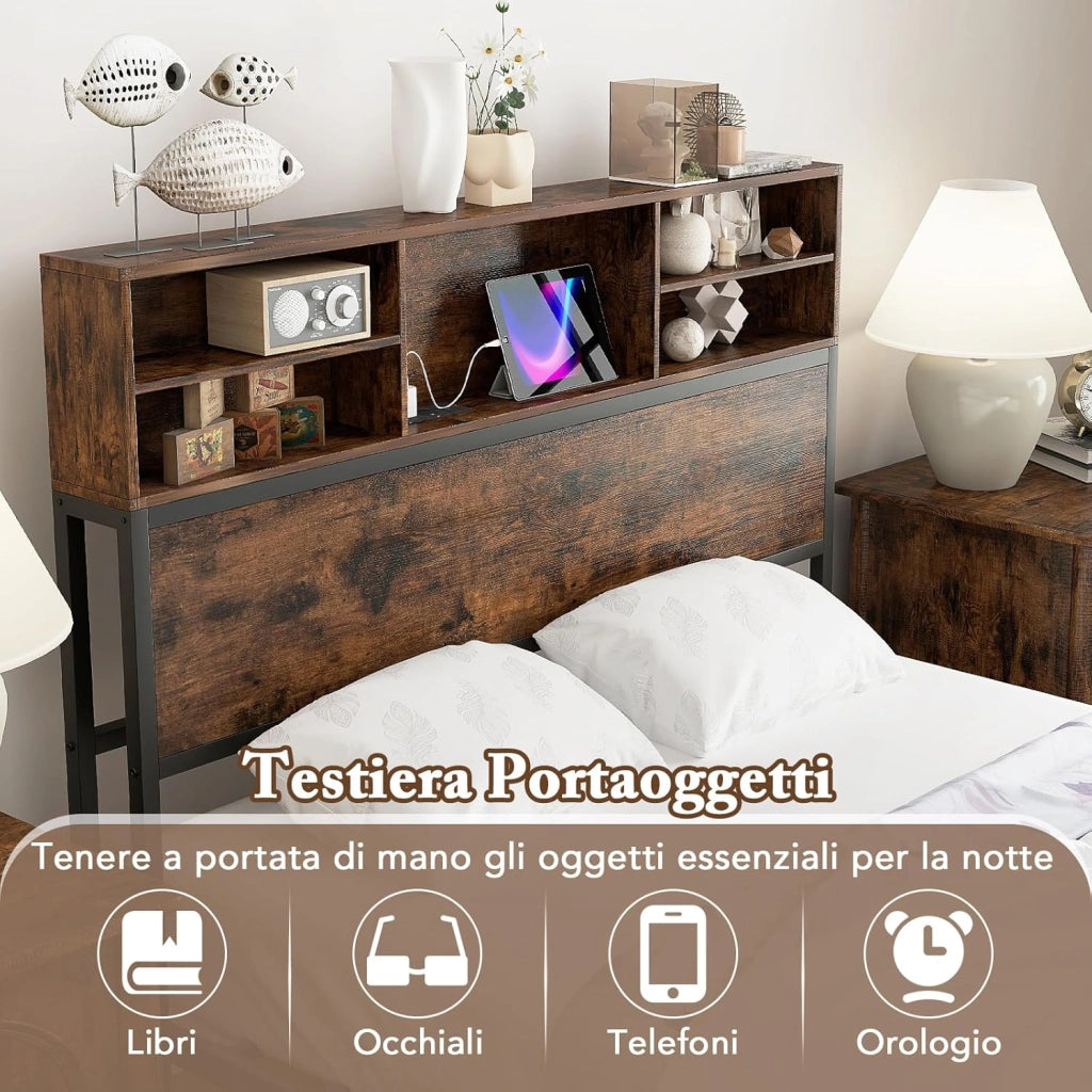 Letto Matrimoniale 140 x 200 cm con Stazione d Ricarica, Stuttura Letto 20,5 cm di Altezza, Telaio Letto con Testiera a Ripiani, Capacità di 500 kg, Marrone Rustico