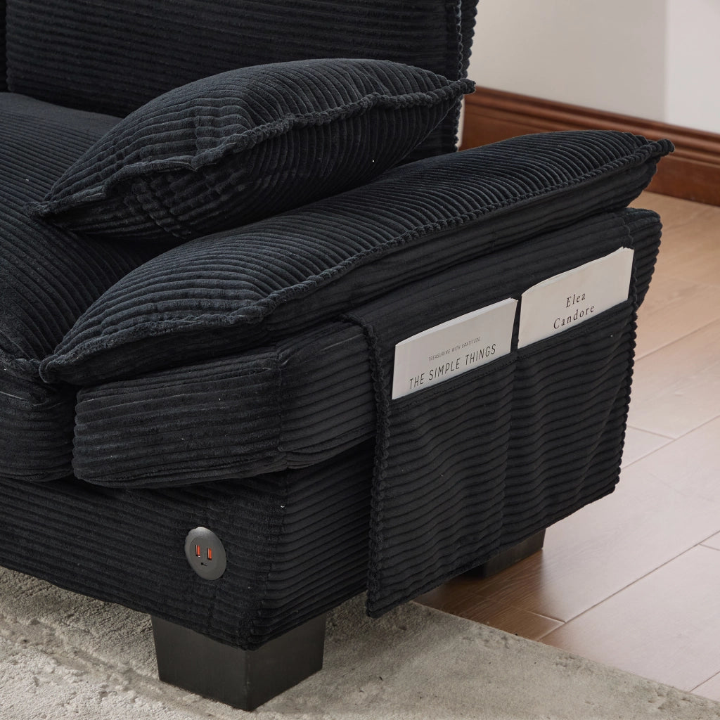 Divano a 2 posti in velluto a coste con seduta ampia ergonomica e porta USB-C con tasche laterali nero