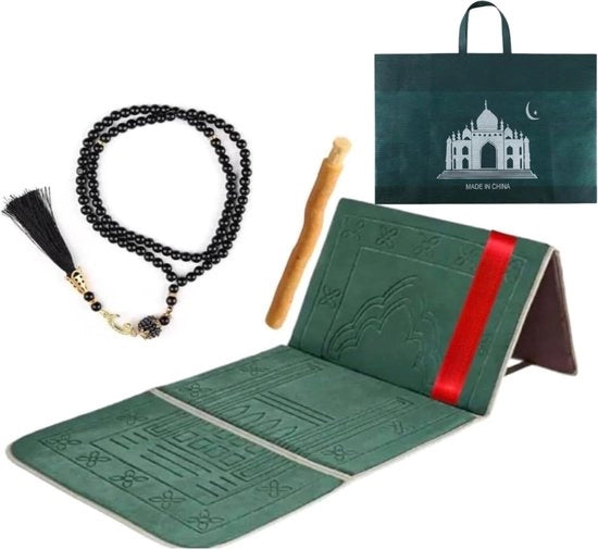 Abbigliamento per preghiera Islamico - "Set di Abbigliamento per preghiera nero: Comodo e portatile con tesbih, miswak e schienale, Perfetto per viaggi e uso domestico, Incluso tessuto di preghiera pieghevole verde