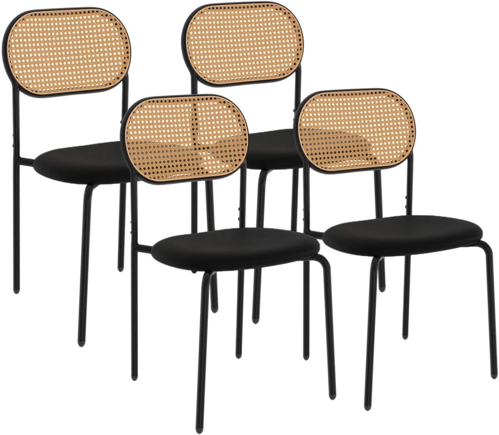 Set di 4 sedie da pranzo vintage CLOTILDE in metallo nero con schienale in canna