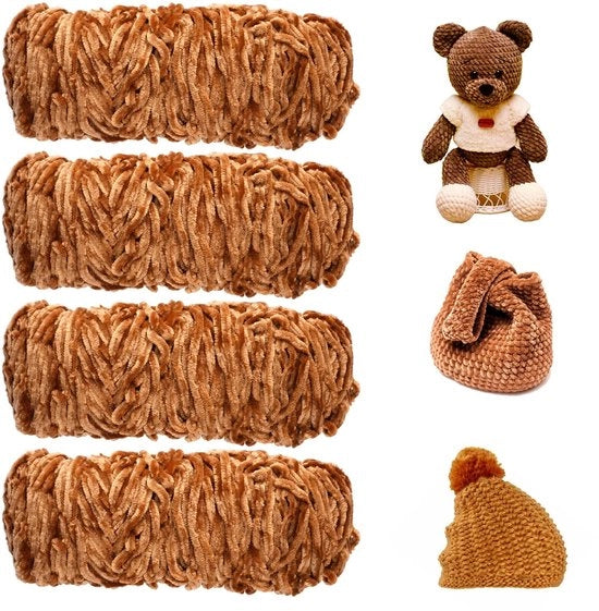 Filato per Cappelli 4 x 100 g - Filo di Velluto - Lana Leggera - Colore Caramello - Per Sciarpe/Borse - Regalo Perfetto