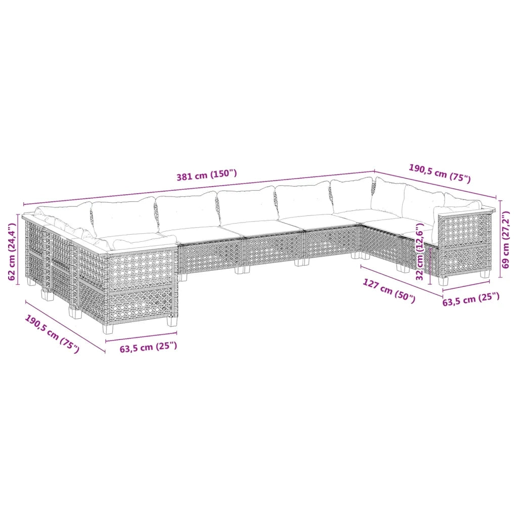 Set Divani da Giardino 10pz con Cuscini in Polyrattan Nero 3262022