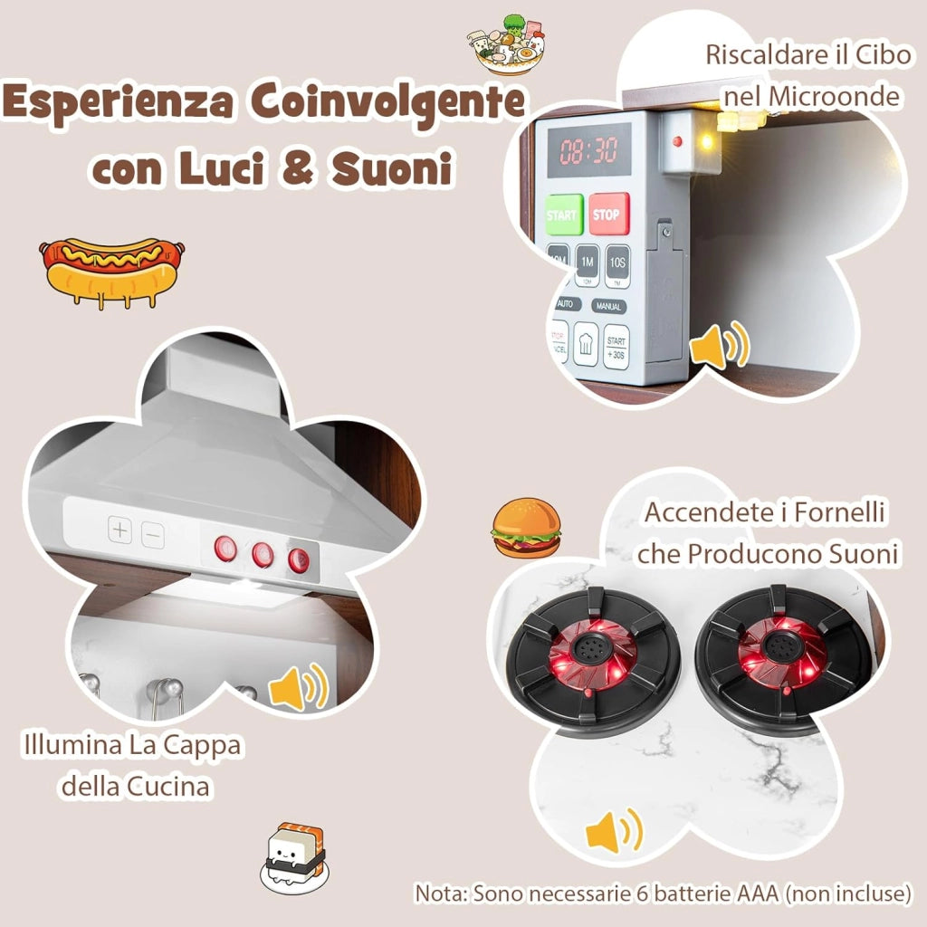 Cucina Giocattolo per Bambini, Cucina Legno per Bambini con Frigorifero, Macchina del Ghiaccio, Forno, Microonde, Lavello e Rubinetto, Funzione Luci e Suoni, per Bambini 3 Anni+